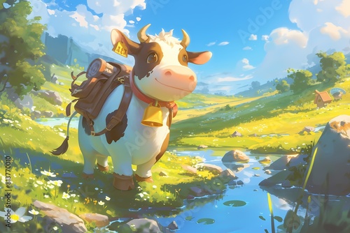 a cow wearing a bag in nature photo