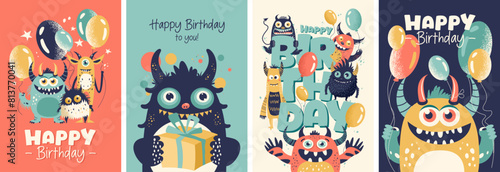 Set of postcards with cute little monsters, gift and balloons. Holliday, party, vacation, happy birthday. Vector templates for card, poster, flyer, banner and other