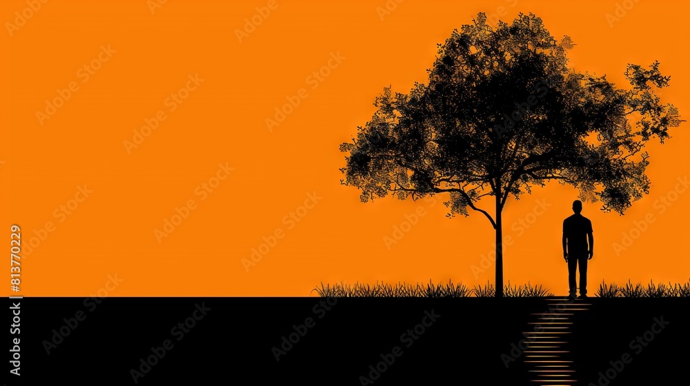 A man stands before a tall tree against an orange skyline A man stands before a tall tree against an orange skyline
