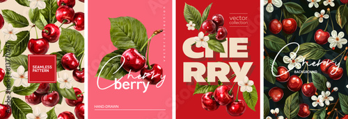 Hand drawn set of designs and patterns. Vectorized gouache illustrations. Illustrations of red cherry berry with flowers and leaves for poster, prints, menu, card or textile