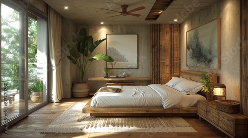 The photo shows a cozy and inviting yatak odasi with a large wooden bed, a sitting area, and a private balcony photo