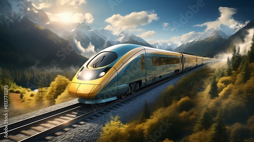 A high-speed train zooming through the countryside