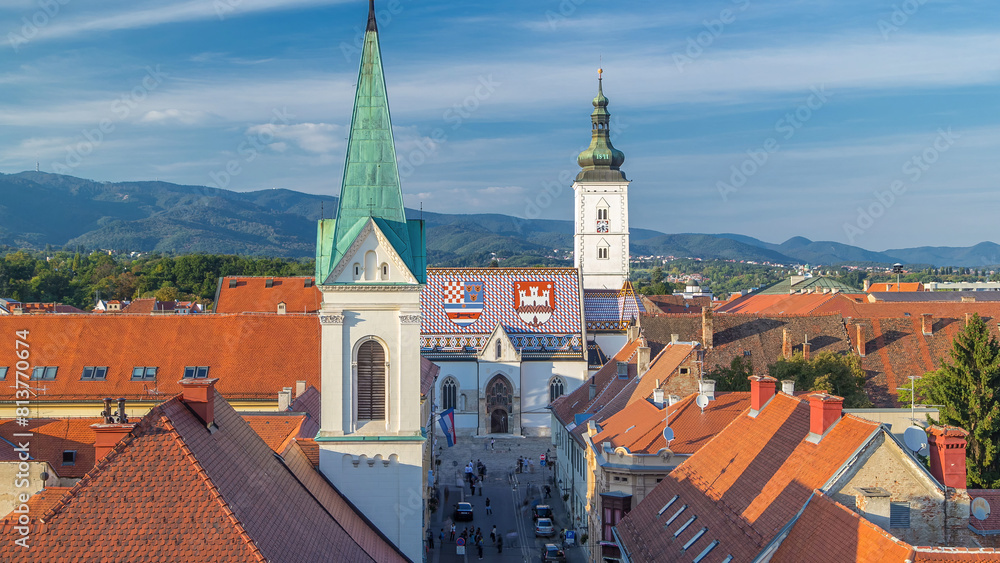 Fototapeta premium Church of St. Mark timelapse and parliament building Zagreb, Croatia.