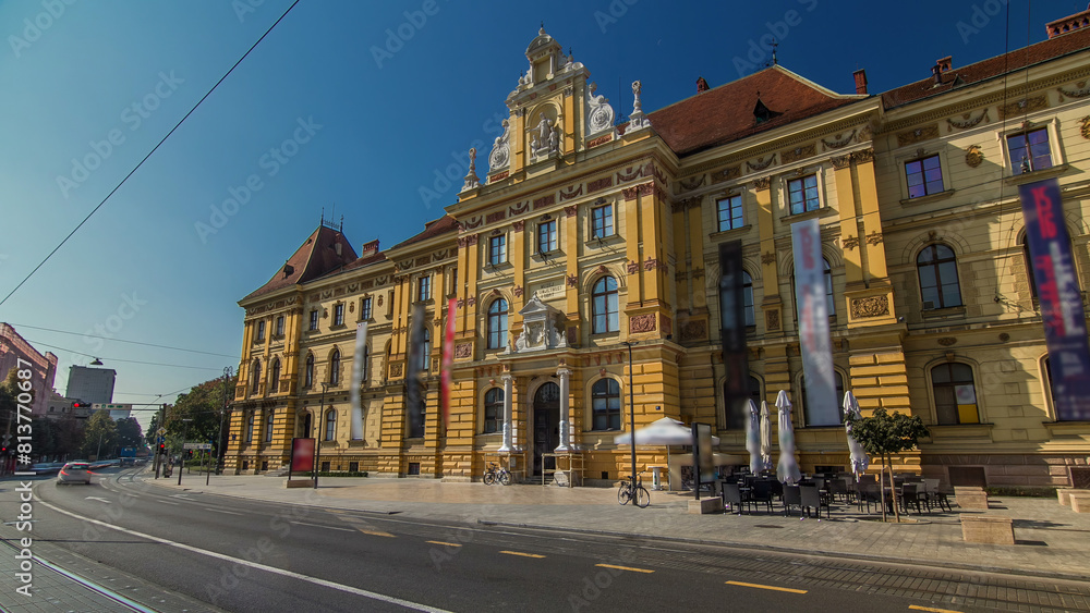 Fototapeta premium A view of the Museum of Arts and Crafts timelapse hyperlapse in Zagreb during the day. Croatia