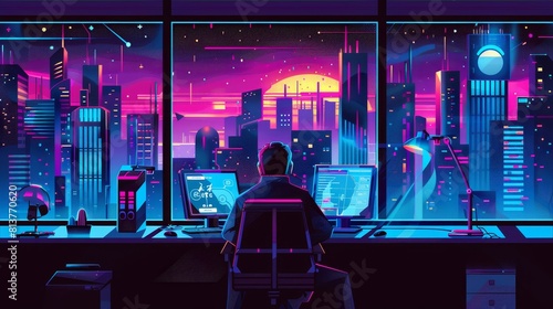 Cartoon illustration of futuristic cityscape with neon buildings and highway at night with man working on computer in office.