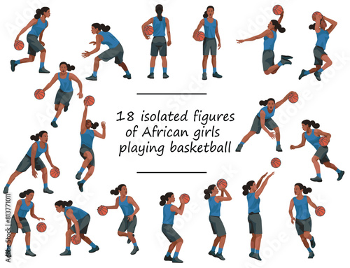 18 black girls playing women's basketball in blue jersey standing, running, jumping, throwing, shooting, passing the ball