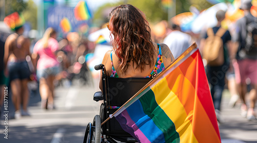 event empowerment diverse pride wheelchair view disability woman equality gay lesbian disabled flag differences back lgbtq celebrating rainbow at inclusion pride candid in parade