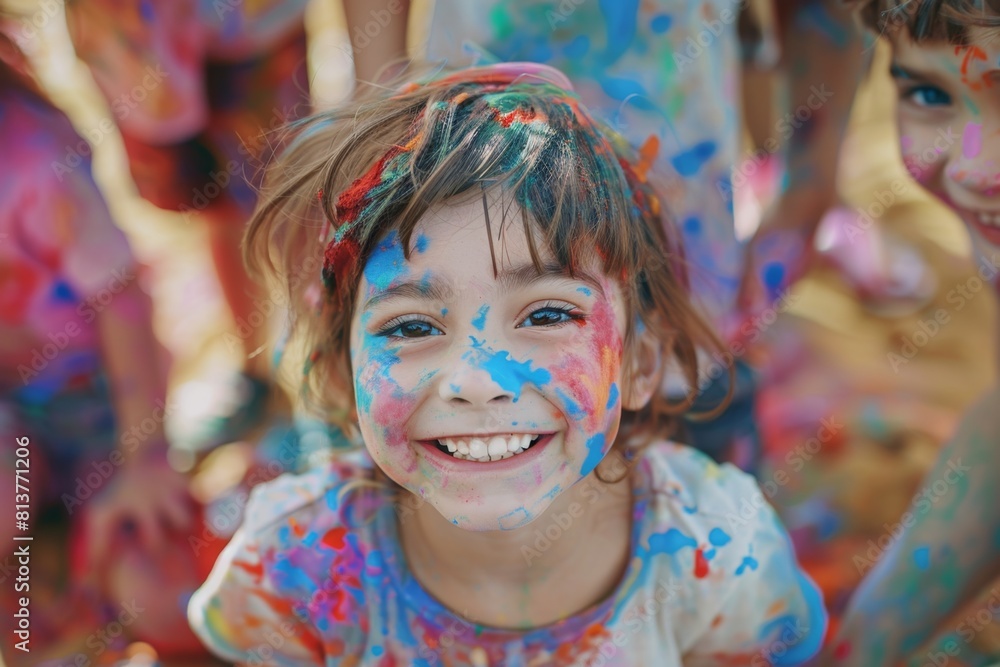 Fototapeta premium Many children with paint all over their faces