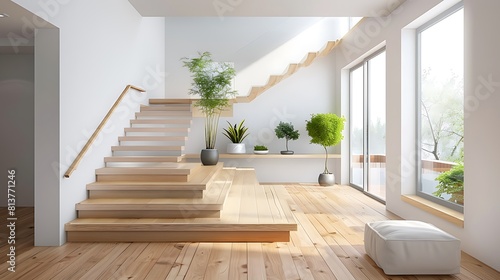 A modern Scandinavian style home interior with a light wood staircase white walls and wooden floor  © Wajid