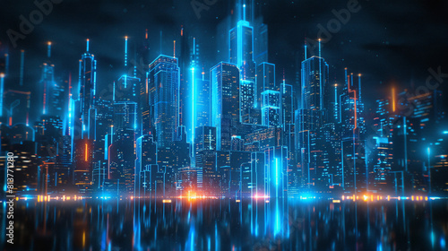 Suspended in a dark abyss  a neon blue wireframe cityscape showcases its landmark with mesmerizing geometric details.