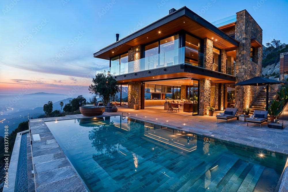 Fototapeta premium Luxury modern villa with big pool in a mountain landscape