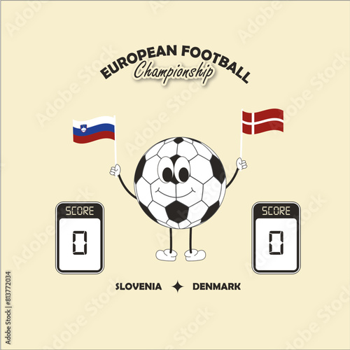 European Football Championship. Match between Slovenia and Denmark. Balloon character holding the flags of both countries. Determinate pointage. For game bets. illustration for matches. Forecast