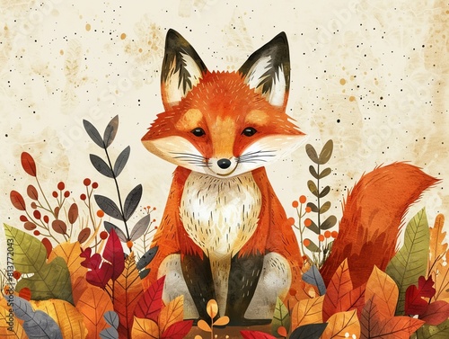 One fox amidst autumn leaves flat design top view woodland creature theme watercolor Complementary Color Scheme