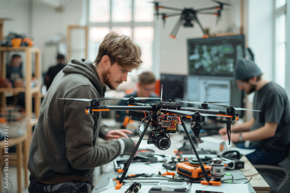 custom made wallpaper toronto digitalTeam of engineers working on assembling and testing drones in a modern workshop.