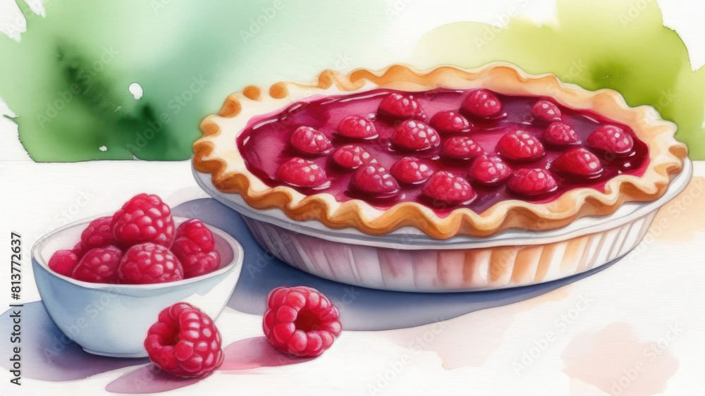 watercolor picture of raspberry cake on white table, raspberries near plate, homemade vitamin pie with fresh berries, close-up, soft focus, art, illustration watercolor picture of raspberry cake on white table, raspberries near plate, homemade vitamin pie with fresh berries, close-up, soft focus, art, illustration