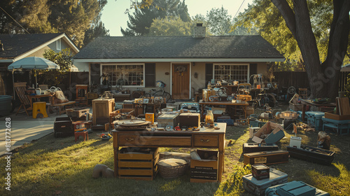 Suburban yard sale with various items for sale.