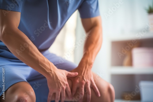 Close-up of a healthcare professional's hands providing knee therapy to a patient