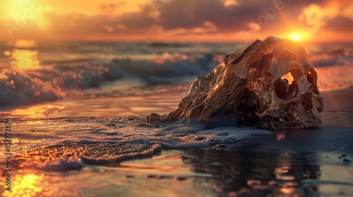 Driftwood Skull on Sandy Beach at Sunset 