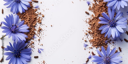 A petite spherical bowl of fast chicory root powder and blue chicory blooms stand over a stark white setting lovely healthy things and space, Generative AI. photo