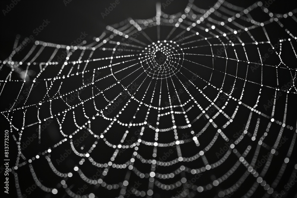 A close shot of delicate tracery of a spiders web with a big blurry backdrop among nature and a big space for text or product advertisement purpose, Generativre AI.