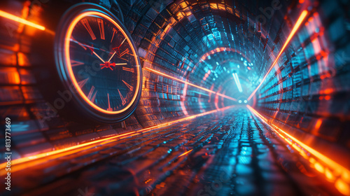 Time travel Technology Background with Clock concept and Time Machine, Can rotate clock hands. Jump into the time portal in hours. Traveling in space and time. Time travel fantasy scifi cinematic film photo