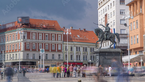 Central city square Trg bana Jelacica timelapse and Ban Jelacic monument in Zagreb, Croatia. photo