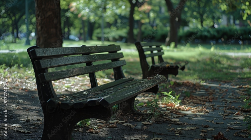 Two weathered wooden park benches sit in a quiet, tree-filled park. Two weathered wooden park benches sit in a quiet, tree-filled park.