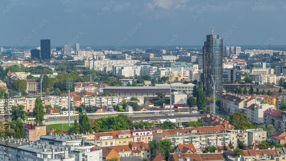 Obraz premium Panorama of the city center timelapse of Zagreb, Croatia, with modern and historic buildings, museums in the distance.