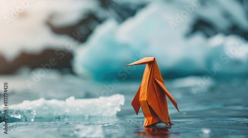 Orange origami penguin in the South or North Pole