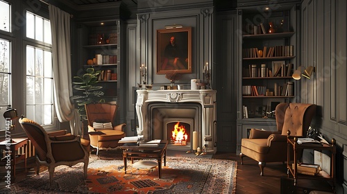 A photo of the perfect room with grey walls cozy fireplace and warm armchairs 