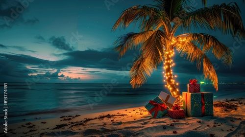 Palm trees in decoration on exotic beach at night