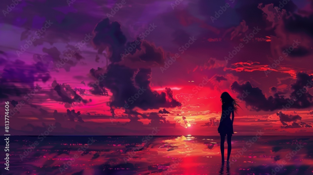 Mysterious Silhouette Against Vibrant Crimson Sunset.