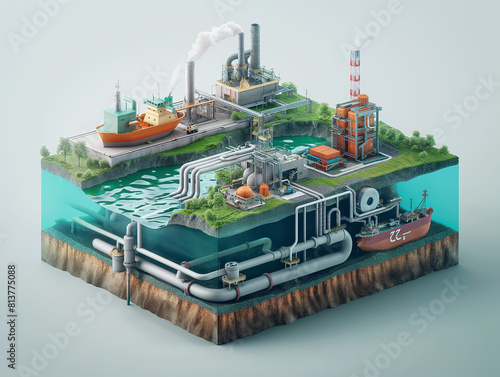 The isometric illustration shows the oil and gas industry. There are oil rigs, pipelines, and tankers.