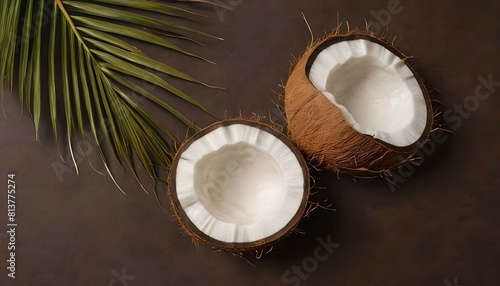 Whole and half coconut golden palm leaf on brown background Creative layout with coconuts Minimal flat lay style top view