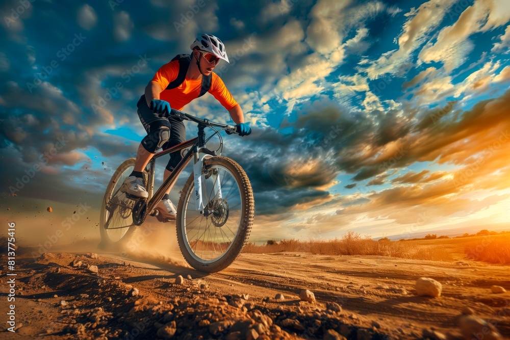 Naklejka premium A man is riding his mountain bike. High speed scene