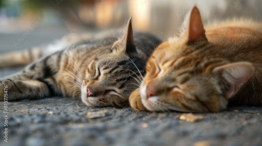 Two cat sleeping on the ground in the morning. international cat day Two cat sleeping on the ground in the morning. international cat day