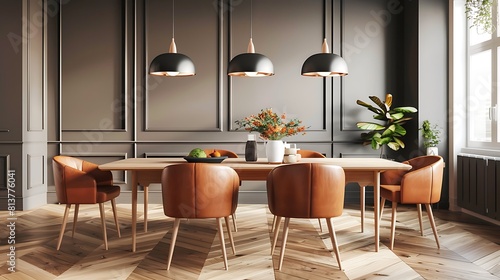 A Scandinavian dining room with an oak table and chairs in orange leather and pendant lights hanging from the ceiling.  photo