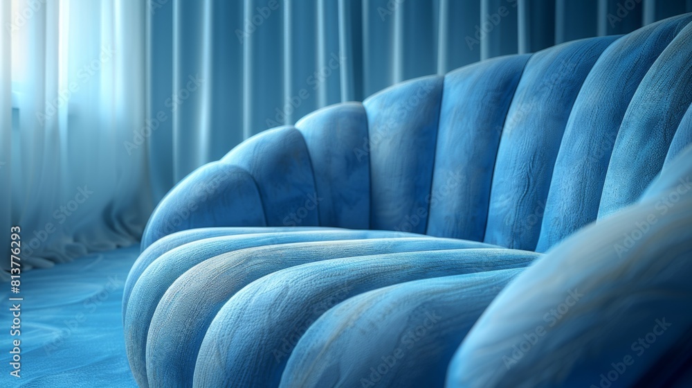 Obraz premium A blue couch with a pattern on it in front of curtains, AI