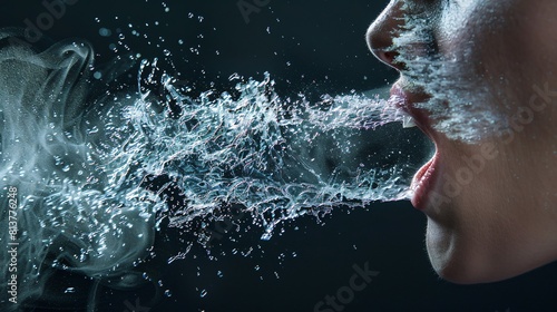 a person spitting water and smoke out of their mouth. photo