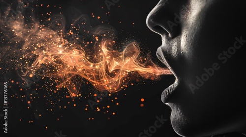 a person spitting water and smoke out of their mouth. photo