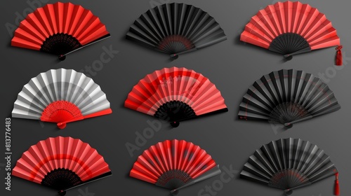 Isolated set of realistic hand fans with red decorations on transparent background. Traditional asian souvenirs of various shapes. Folding paper or silk geisha accessories.