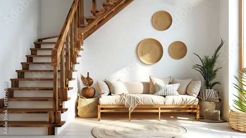 A Scandinavian style living room with a wooden staircase sofa and decorative elements such as wall decor in the shape of circular plates on white walls. 
