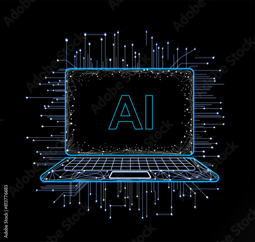 vector artificial intelligence icon. vector AI written on the screen of a laptop with dots and interconnected lines around on black background