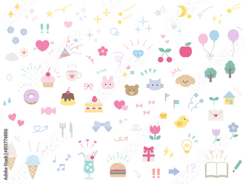 かわいい飾りイラストのベクターイラストセット。集中線、注目、矢印、花、お菓子、プレゼント、ハート