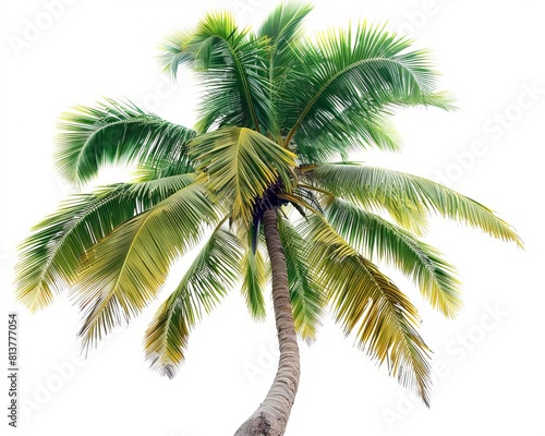 Create a watercolor painting of a coconut palm tree. The tree should be centered in the frame and the leaves should be a vibrant green color