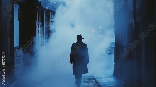Enigmatic Person in Fedora Hat Walking Through Foggy Alley