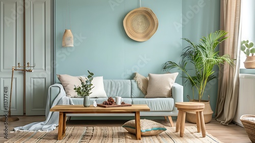 A simple living room with light blue walls a wooden coffee table and sofa in neutral tones 
