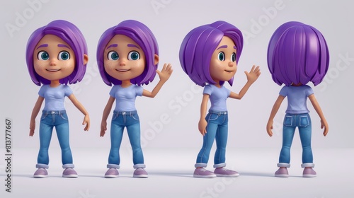 A 3D image of a girl character for animation, in 2D, 3D, and 4D views. Young contemporary woman with purple hair wearing jeans and t-shirt waving her hand full height. Cartoon character. © Mark