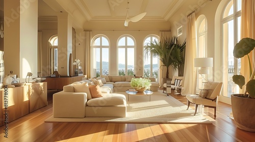 A spacious living room with large windows wooden floors and an elegant sofa 
