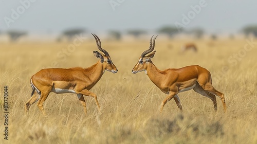 Pair of Impala rams (Aepyceros melampus) duelling with their horns in Masai Mara National Reserve; Kenya photo